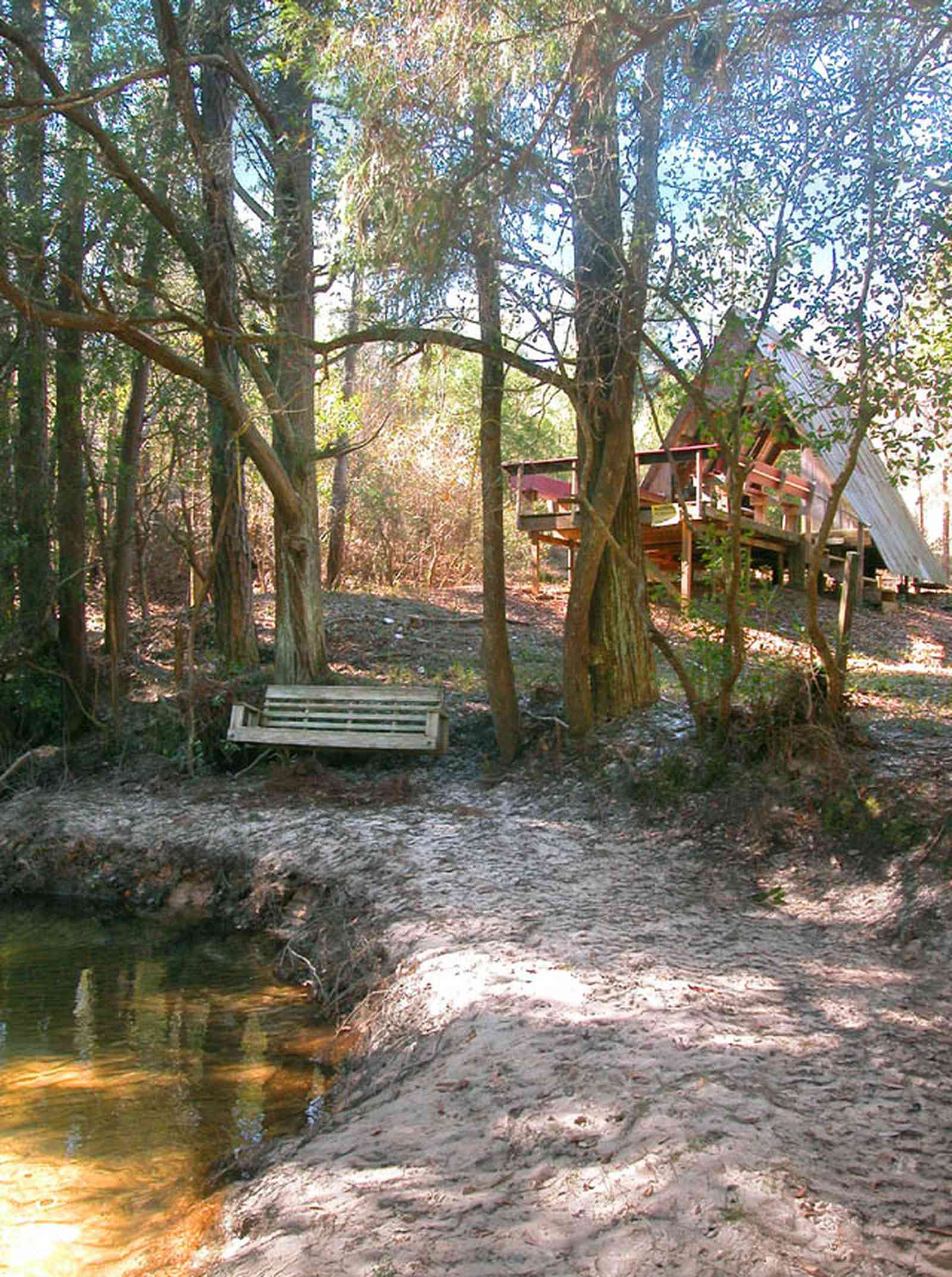 Allentown:-Mathews-River-Camp_02.jpg:  sand bar, creek, river, swing, lean-to, a-frame cabin, retreat, camp