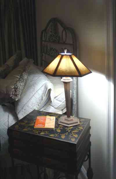 Aragon:-591-Aragon-Street_29.jpg:  bedroom, lamp, decoupage table, wrought iron bed, bedroom, dee dee ritchie