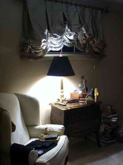 Aragon:-591-Aragon-Street_30.jpg:  silk draperies, chair, bedroom, dee dee ritchie, lamp, balcony