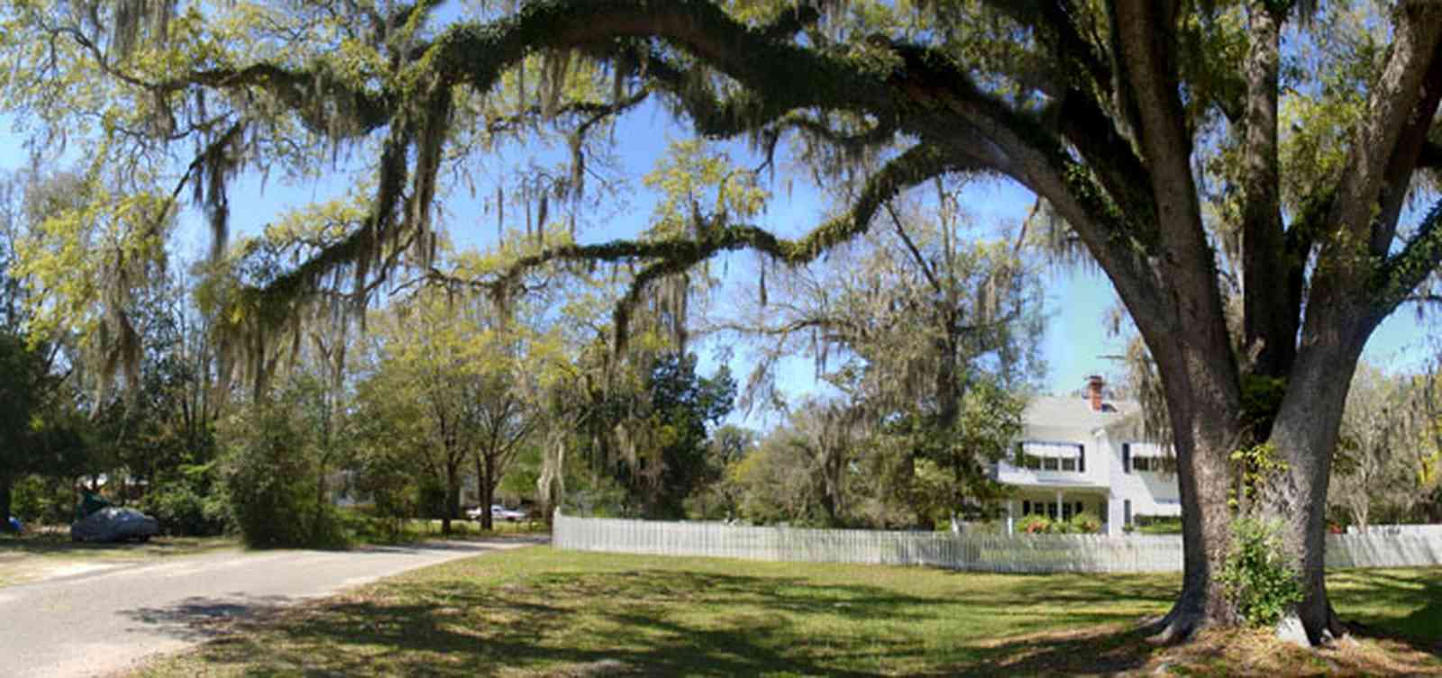 Bagdad:-Creary-Crawford-Walsh-House_04.jpg:  victorian house, white picket fence, oak tree, spanish moss, awnings, tree fern