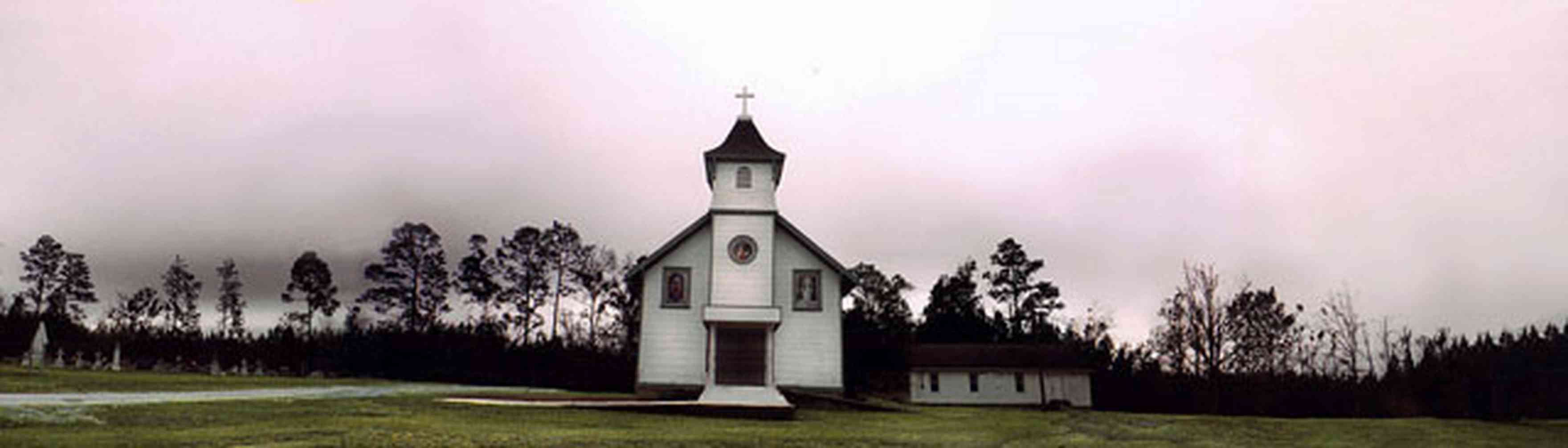 Barrineau-Park:-St.-Elizabeth-Catholic-Church_01.jpg:  catholic church, fog, hilltop, cross, stained glass window, pine tree