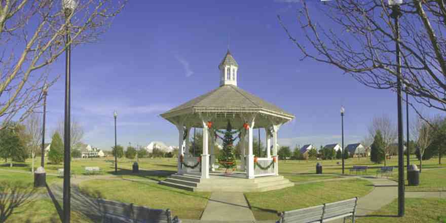 Cantonment:-Milestone_02.jpg:  gazebo, park bench, historic lighting, christmas tree