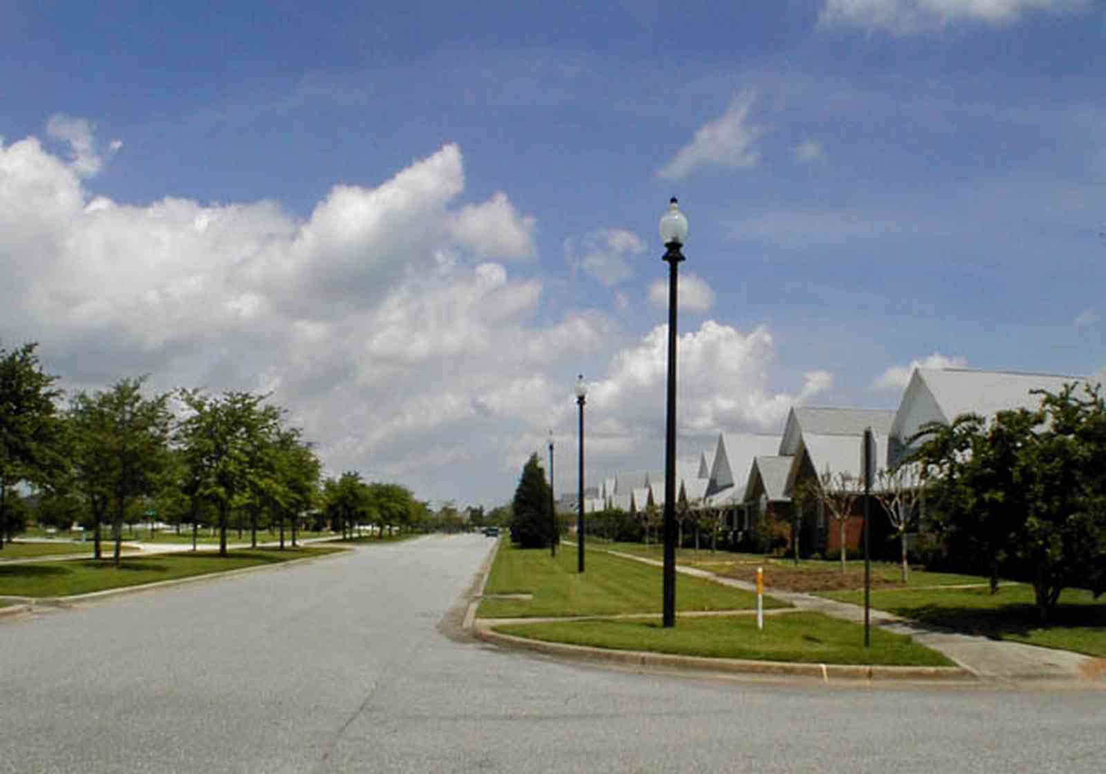 Cantonment:-Milestone_10.jpg:  cumulus clouds, oak trees, boulevard, tract houses, fir trees, garden