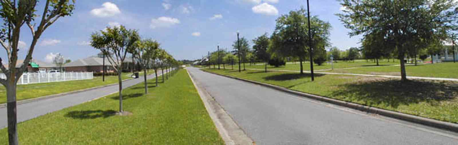Cantonment:-Milestone_21.jpg:  cumulus clouds, oak trees, boulevard, tract houses,  garden, crepe myrtle trees, , 