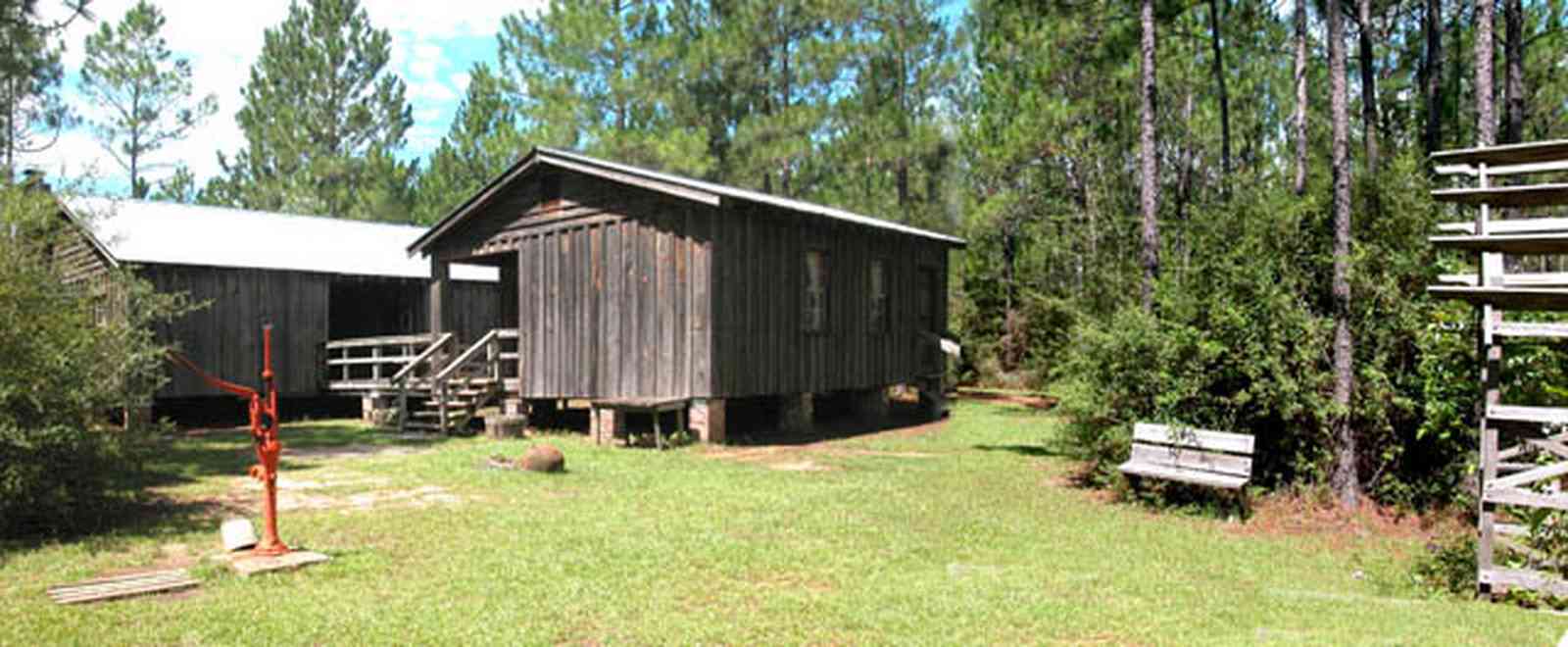 Cantonment:-Roy-Hyatt-Environmental-Center-Dog-Trot-House_02.jpg:  dog trot house, wisteria vine, porch, pine tree, board and batten, pump, brick piers