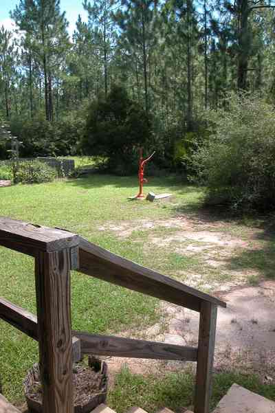 Cantonment:-Roy-Hyatt-Environmental-Center-Dog-Trot-House_02b.jpg:  dog trot house, wisteria vine, porch, pine tree, board and batten, pump, brick piers