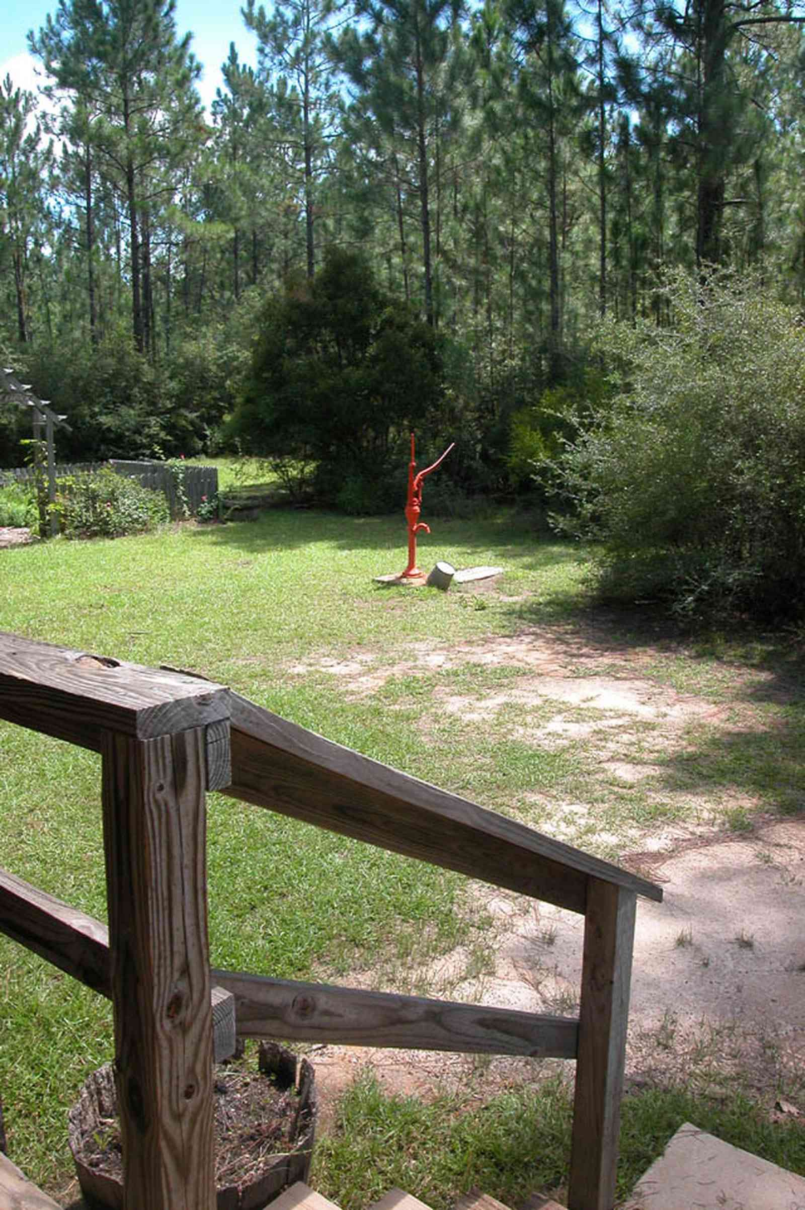 Cantonment:-Roy-Hyatt-Environmental-Center-Dog-Trot-House_02b.jpg:  dog trot house, wisteria vine, porch, pine tree, board and batten, pump, brick piers
