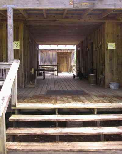 Cantonment:-Roy-Hyatt-Environmental-Center-Dog-Trot-House_04.jpg:  dog trot house, wisteria vine, porch, pine tree, board and batten, brick piers
