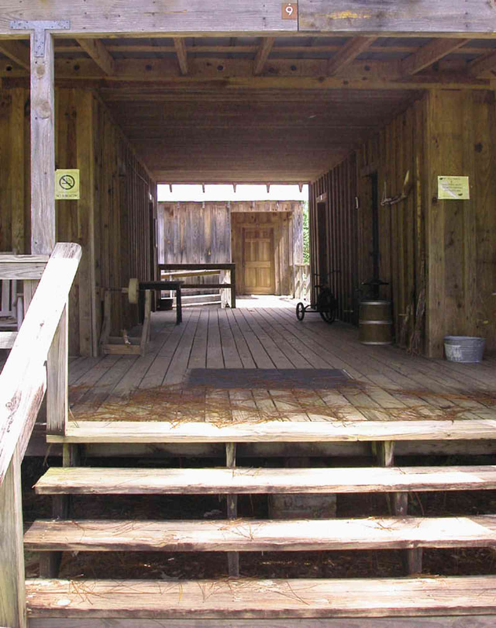 Cantonment:-Roy-Hyatt-Environmental-Center-Dog-Trot-House_04.jpg:  dog trot house, wisteria vine, porch, pine tree, board and batten, brick piers
