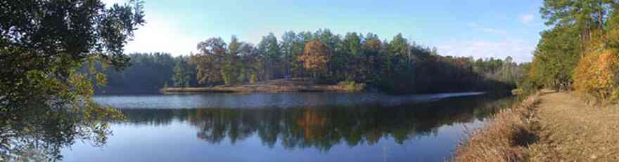 Century:-Bluff-Springs-Campground_01.jpg:  lake, pond, hill, pine tree, levee, road