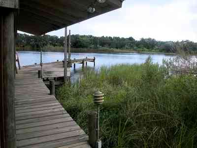 East-Hill:-1919-East-La-Rua-Street_07.jpg:  deck, bench, bayou, swamp, sawgrass, bayou texar, cumulus clouds, fishing pier, 