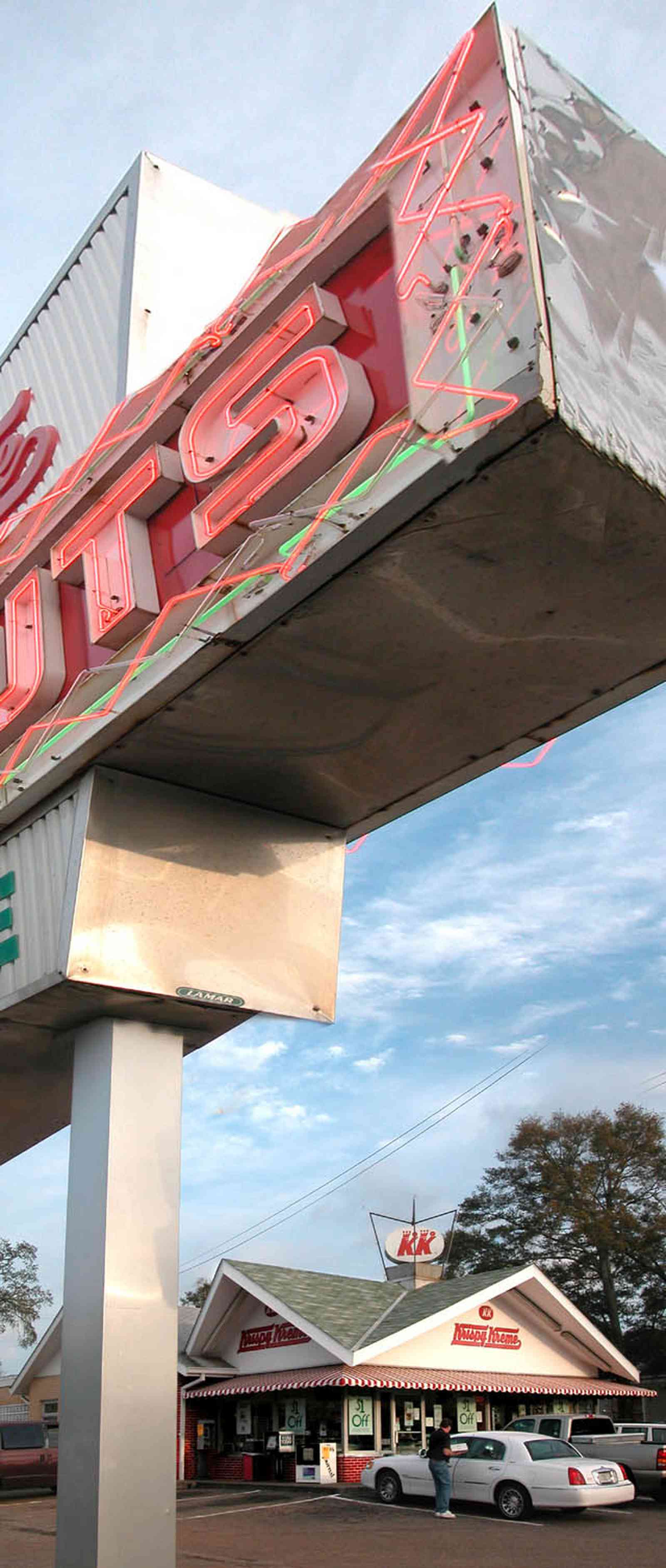 East-Hill:-Krispy-Kreme-Donut-Shop_01.jpg:  donuts, hot donuts, donut shop, 1950's design, neon sign, stainless steel sign, striped awning