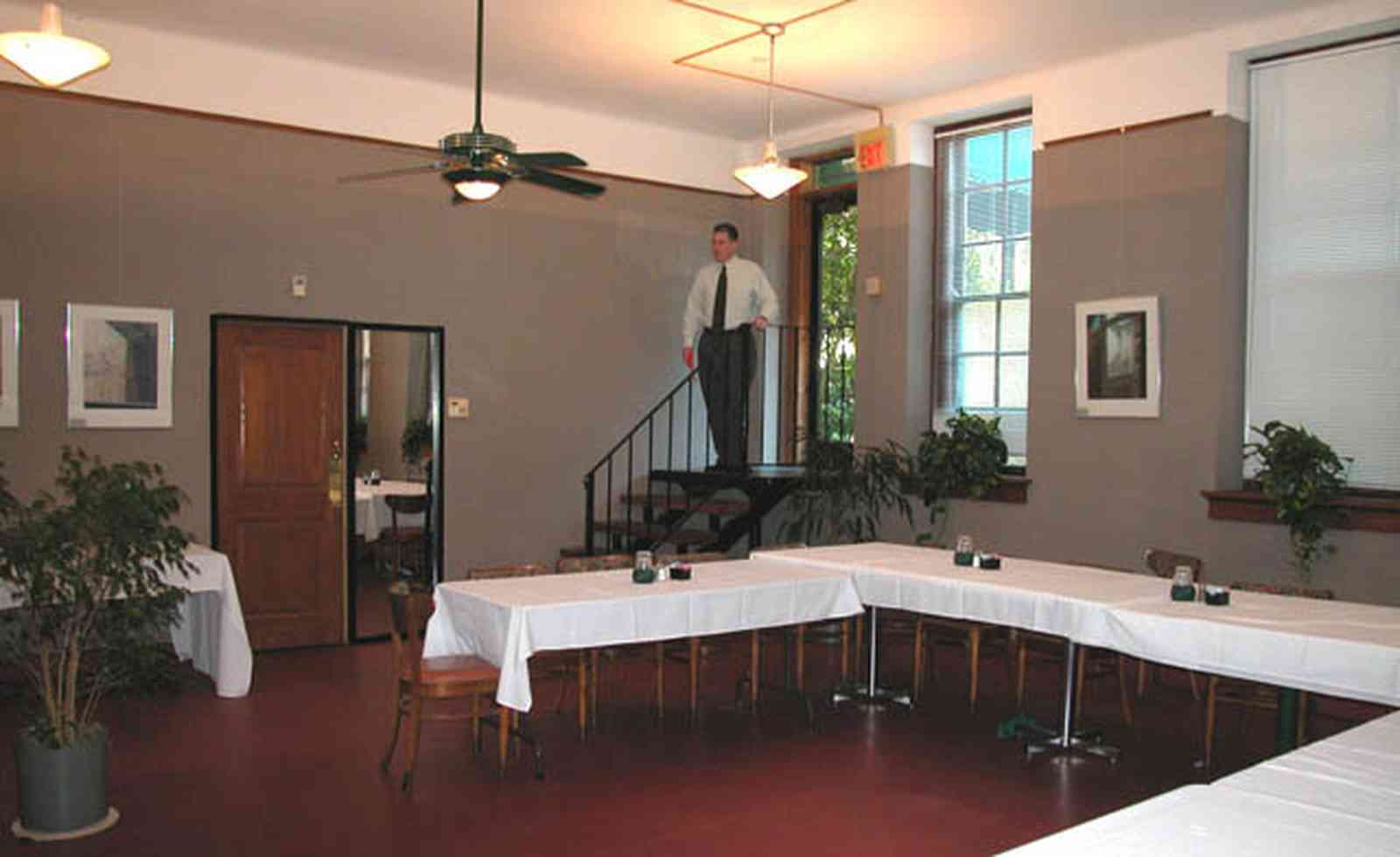 East-Hill:-Tower-East:-Old-Sacred-Heart-Hospital_40.jpg:  gothic revival architecture, cafeteria, tables, ceiling fam