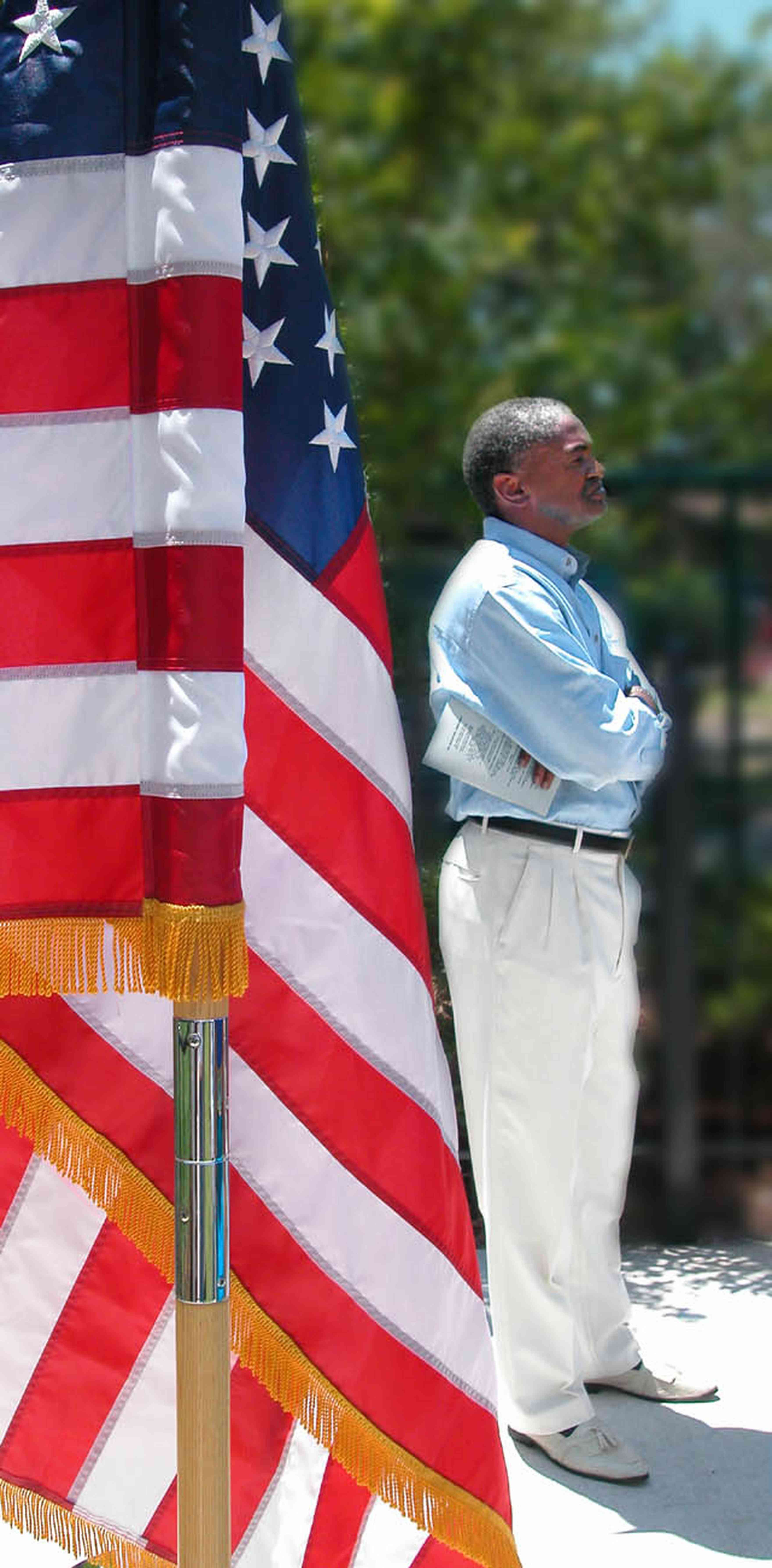 East-Side:-General-Chappie-James-Memorial_02.jpg:  american flag, commemorative ceremony, councilman hugh king, chappie james, lilly james