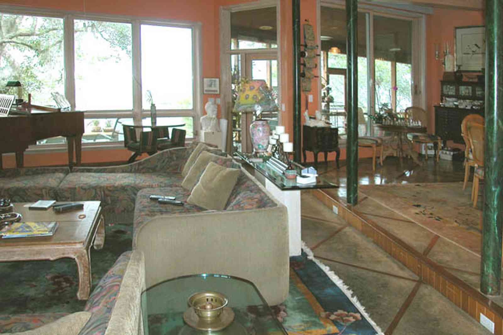 Gulf-Breeze:-92-High-Point-Drive_04.jpg:  baby grand piano, coffee table, sofa, living room, great room, bay view, bay front house