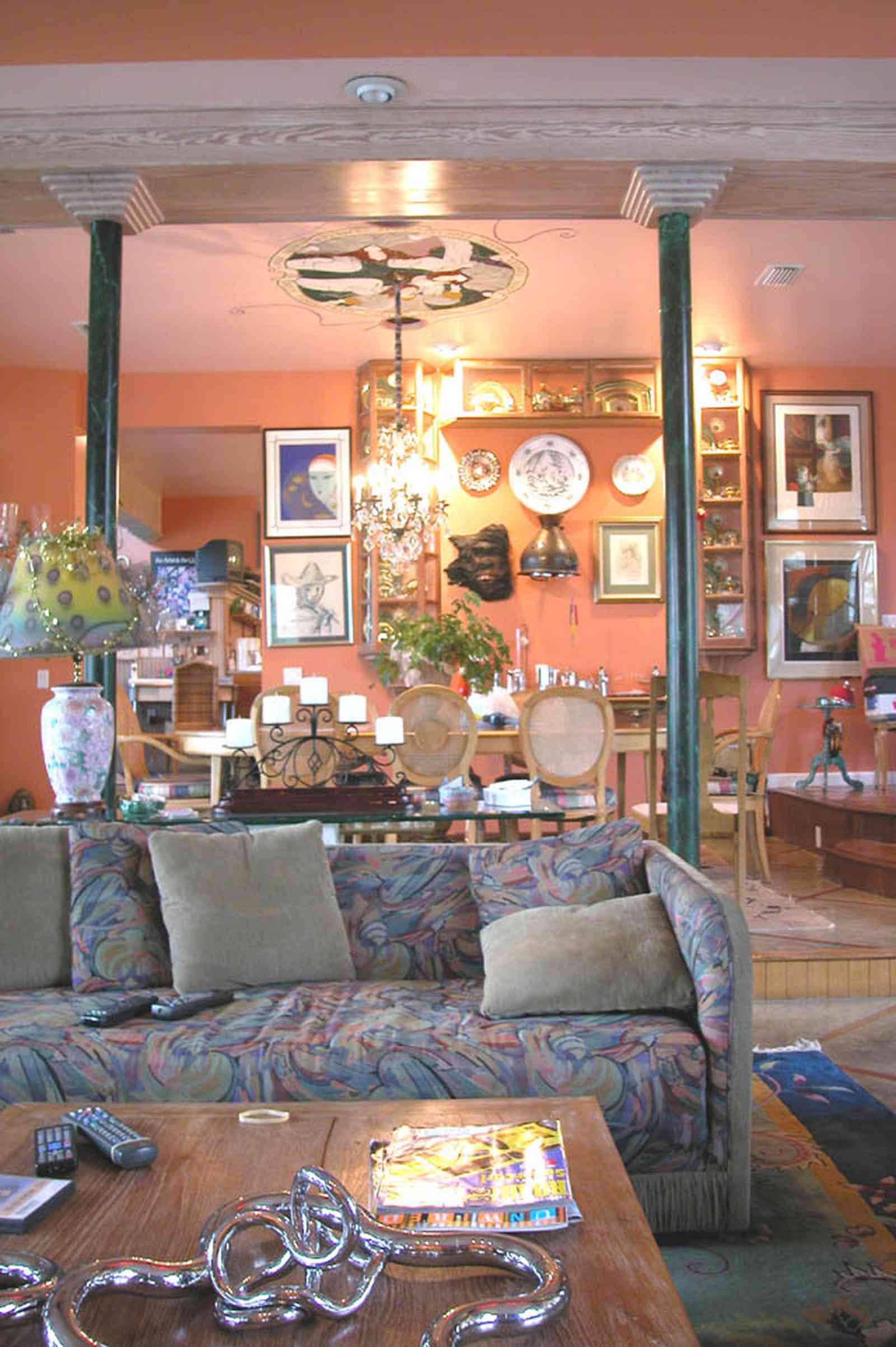 Gulf-Breeze:-92-High-Point-Drive_05.jpg:  sofa, living room, coffee table, chinese vase, dining room table, columns, oriental rug, aft gallery