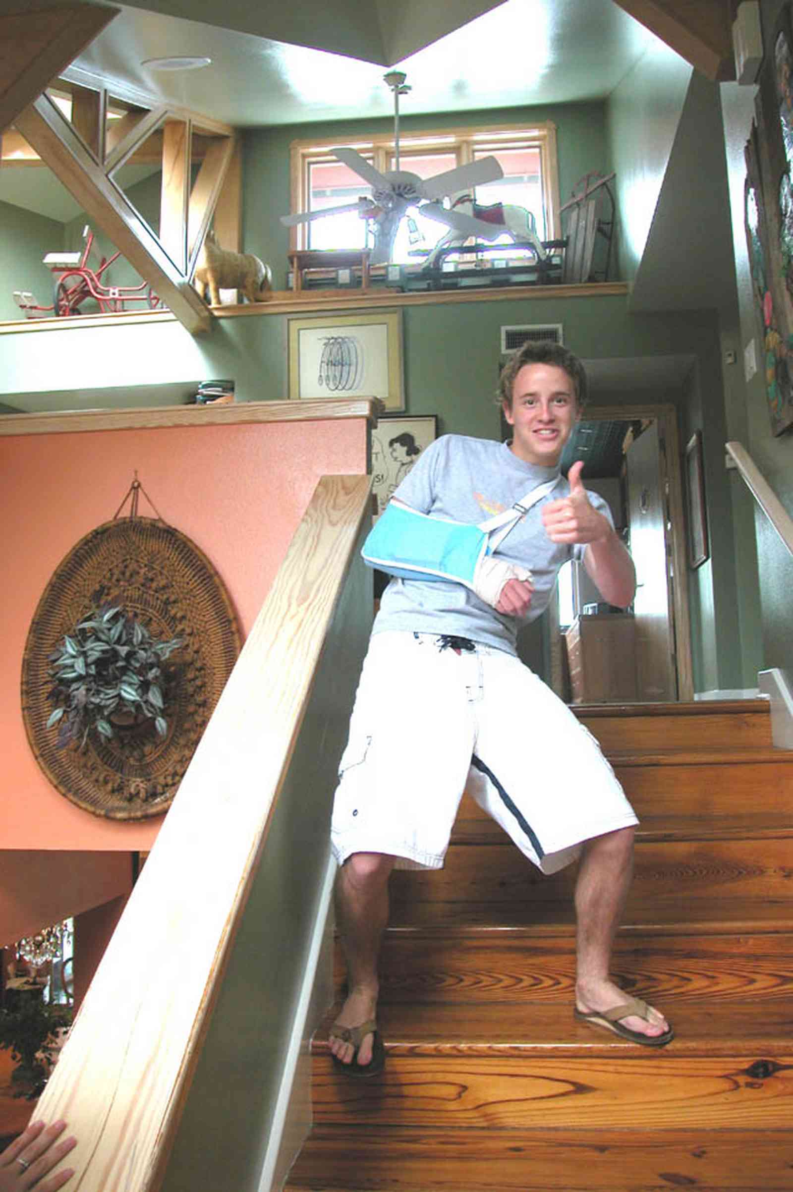 Gulf-Breeze:-92-High-Point-Drive_12.jpg:  staircase, loft, rafters, ceiling fan, 