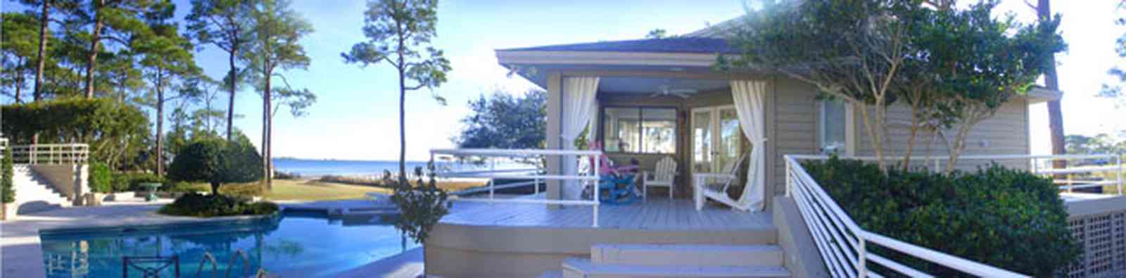 Gulf-Breeze:-Ceylon-Drive_06.jpg:  pool house, swimming pool, santa rosa sound, pine tree, tiger point subdivision
