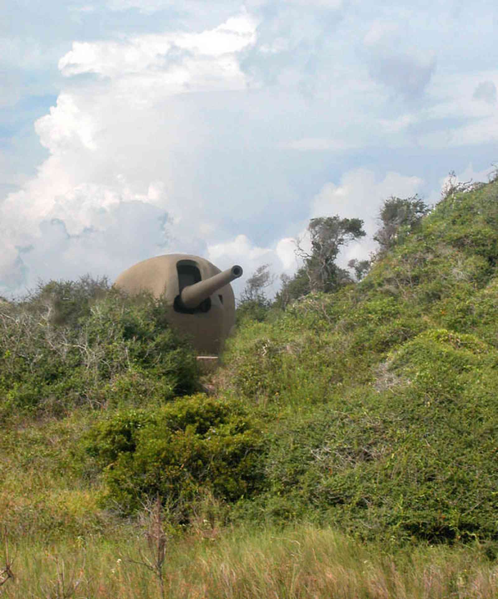 Gulf-Islands-National-Seashore:-Fort-Pickens:-Battery-234_00b.jpg:  gulf of mexico, ww-ii gun emplacement, cumulus clouds, dunes