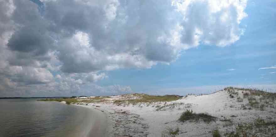 Gulf-Islands-National-Seashore:-Perdido-Key:-Boardwalk-I_01.jpg:  sand dunes, sound, beach, cumulus clouds, sea oats, barrier island