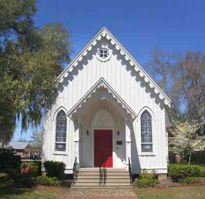 Milton:-Historic-District:-St.-Mary-Episcopal-Church_04.jpg:  gingerbread trim, victorian architectural style, dogwood tree, oak tree, spanish moss