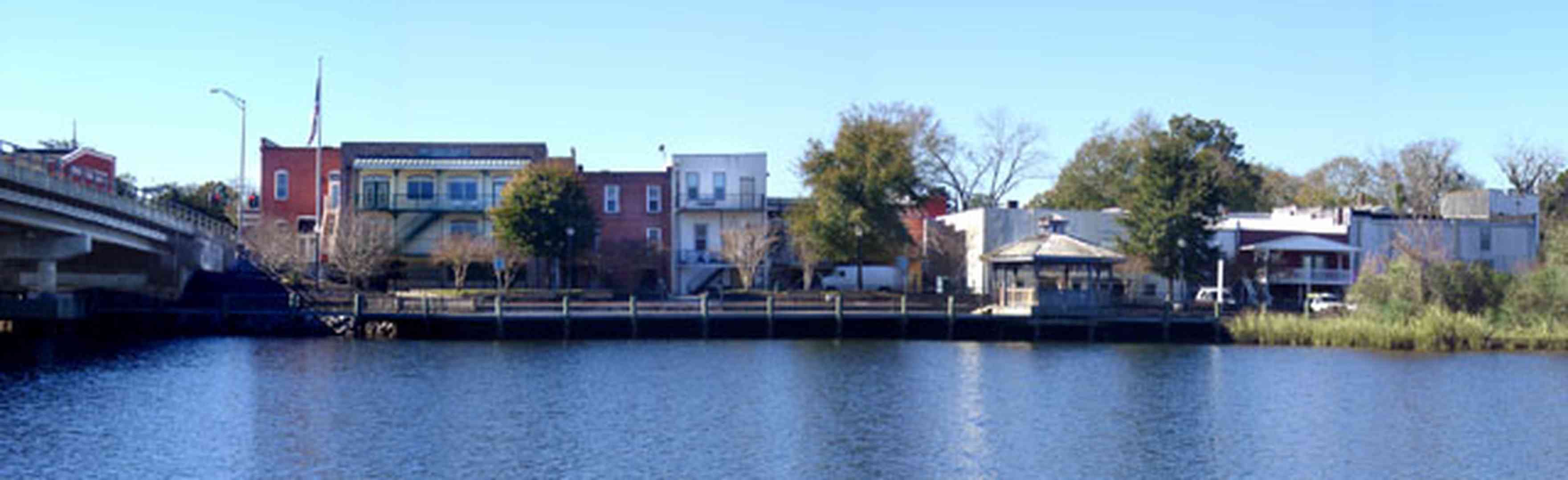 Milton:-Riverwalk_02.jpg:  bridge, 19th century downtown buildings, gazebo, deck, pier