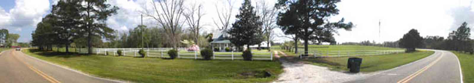 Molino:-Green-Farm_03a.jpg:  split rail fence, pasture, highway, 1930's farm, pine trees