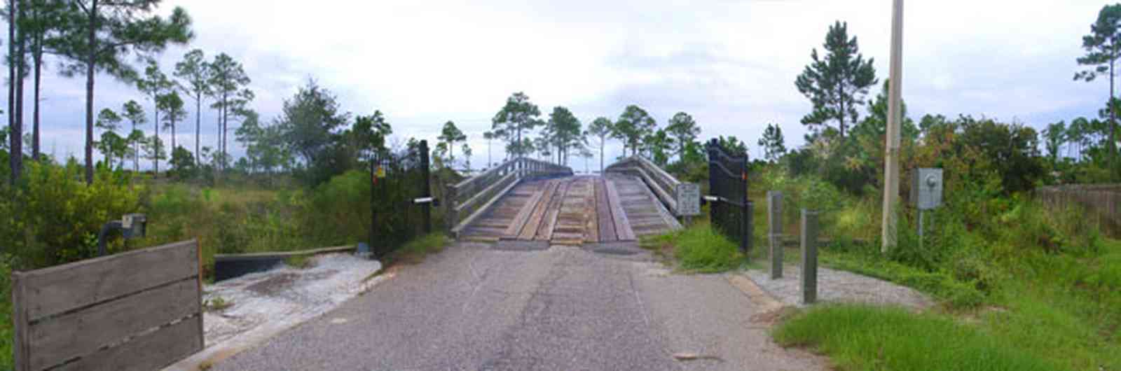 Navarre:-Biscayne-Pointe-Drive-House_01.jpg:  gate, bridge, wooden bridge, pine tree, marsh, wet land, swamp, gated entrance