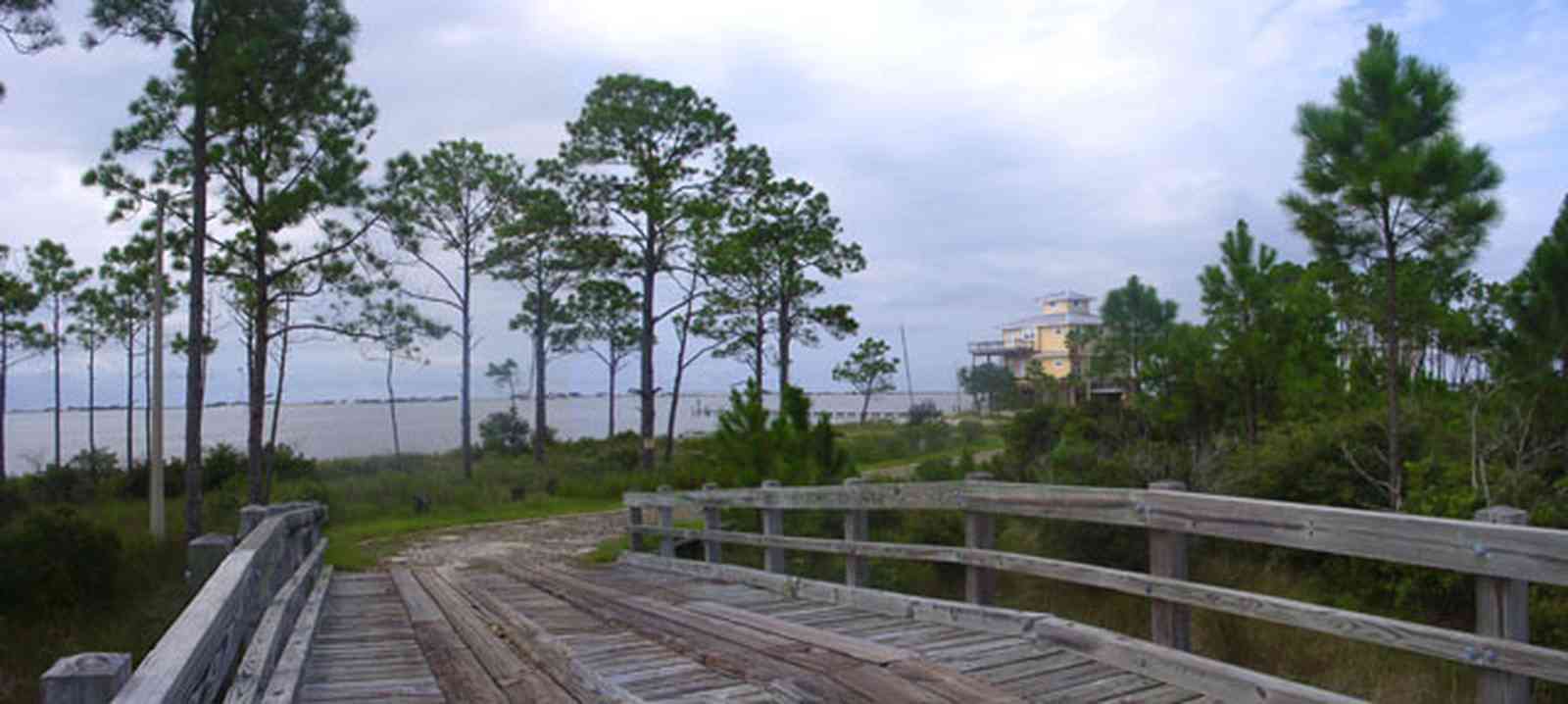 Navarre:-Biscayne-Pointe-Drive-House_04.jpg:  wooden bridge, pine tree, escambia bay, water, house