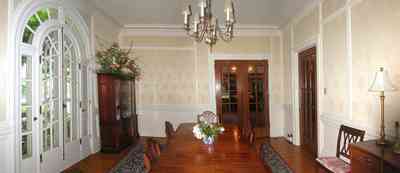 North-Hill:-105-West-Gonzales-Street_33b.jpg:  dining room, duncan phyfe furniture, chandelier, french doors, 