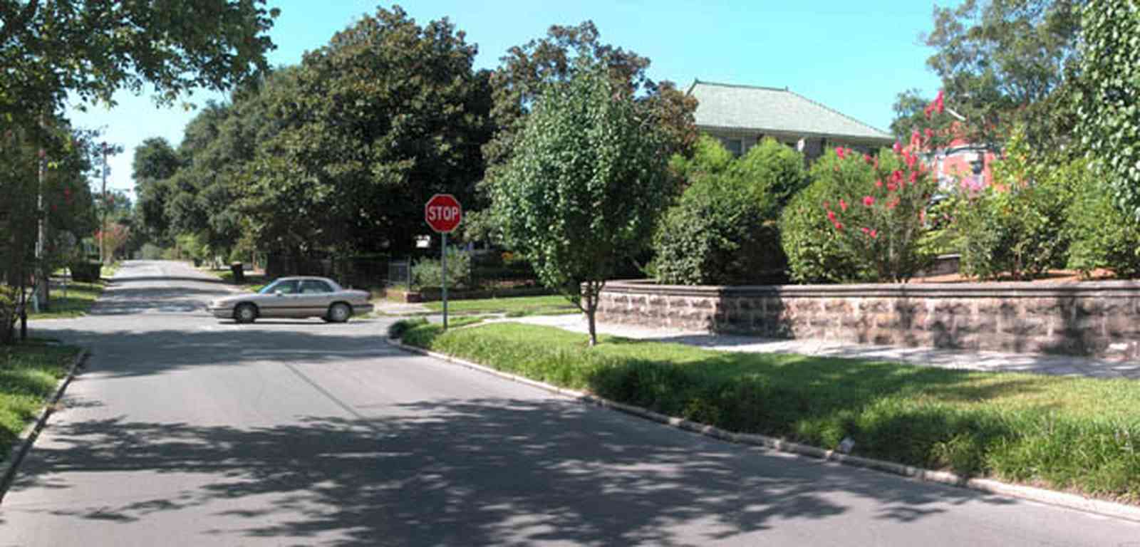 North-Hill:-105-West-Gonzales-Street_75.jpg:  stone wall, historic neighborhood, pear tree, crepe myrtle tree, oak tree