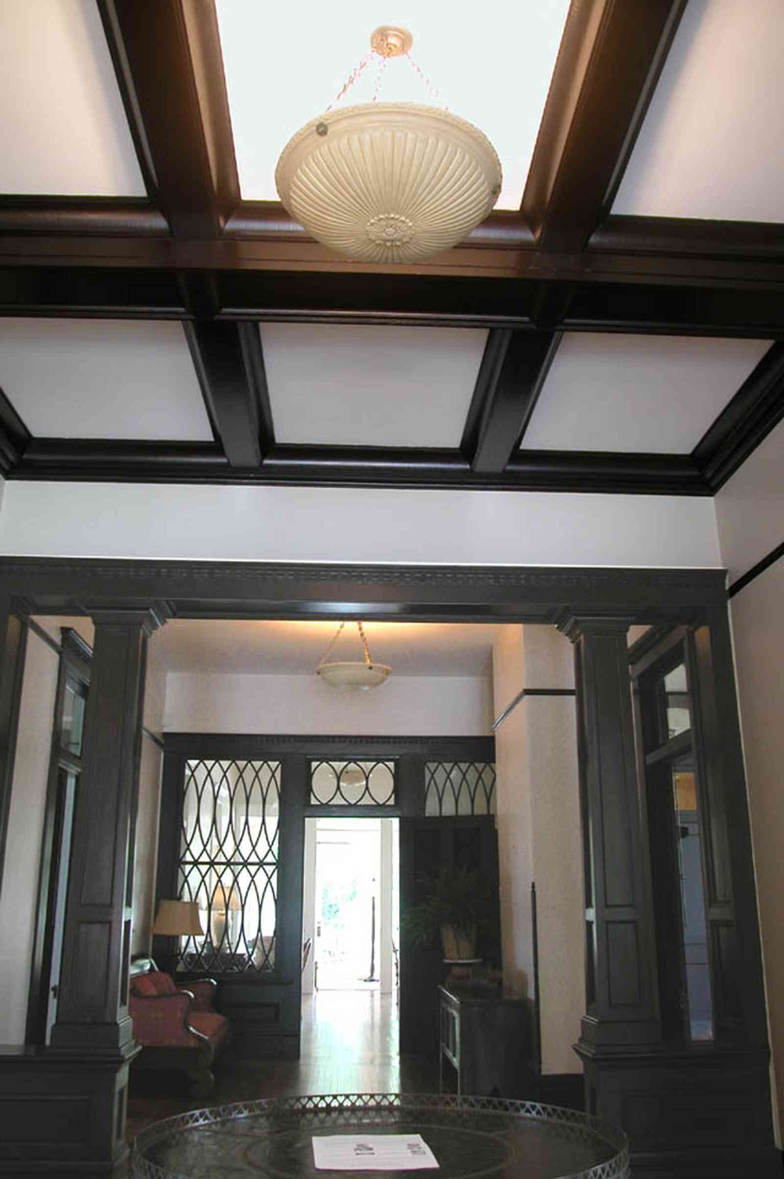 North-Hill:-116-DeSoto-St_02b.jpg:  hall, entry, coffered ceiling, columns