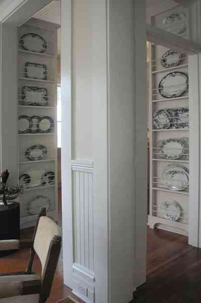 North-Hill:-116-DeSoto-St_02h.jpg:  blue willow china, heart pine floors, kitchen, wainscotting, dish rack, china display