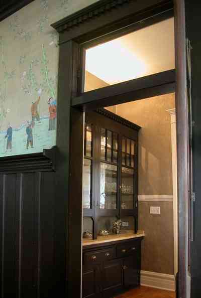 North-Hill:-116-DeSoto-St_02l.jpg:  dining room, butler's pantry, formal dining room, crystal stemware, silver serving pieces