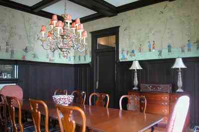 North-Hill:-116-DeSoto-St_02m.jpg:  formal dining room, silk wallpaper, chinese wallpaper design, chandelier, buffet, coffered ceilings, wainscotting