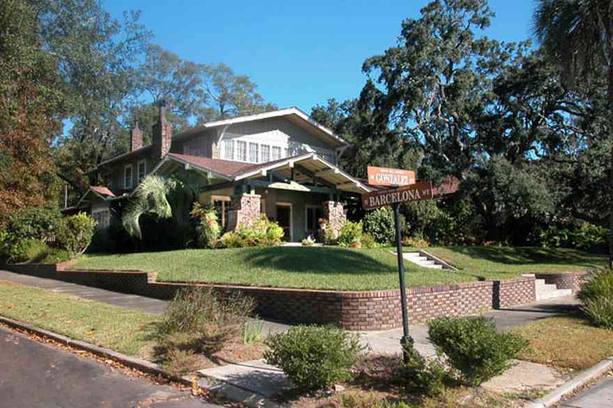 North-Hill:-284-West-Gonzales-Street_01.jpg:  craftsman cottage, bungalow, oak tree, chimney, brick wall, palm tree