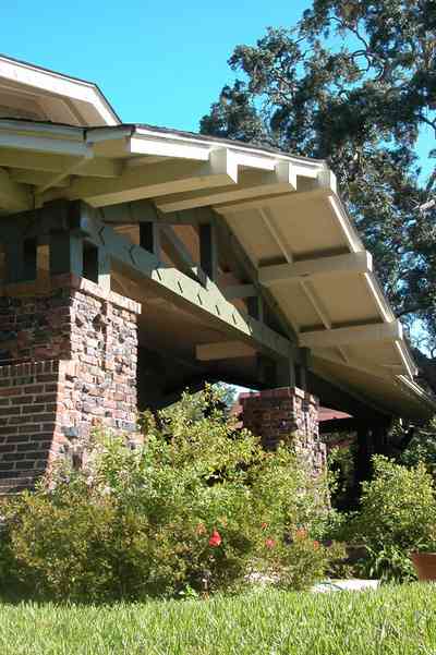 North-Hill:-284-West-Gonzales-Street_02.jpg:  craftsman cottage, bungalow, rough brick facade, oak tree, historic architecture, bungalow, exposed rafters