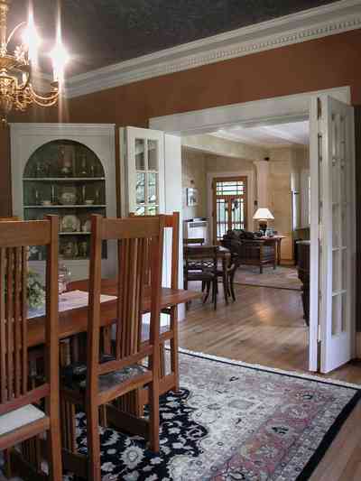 North-Hill:-284-West-Gonzales-Street_18.jpg:  french doors, chandelier, craftsman cottage, oriental rug, corner cabinet, 