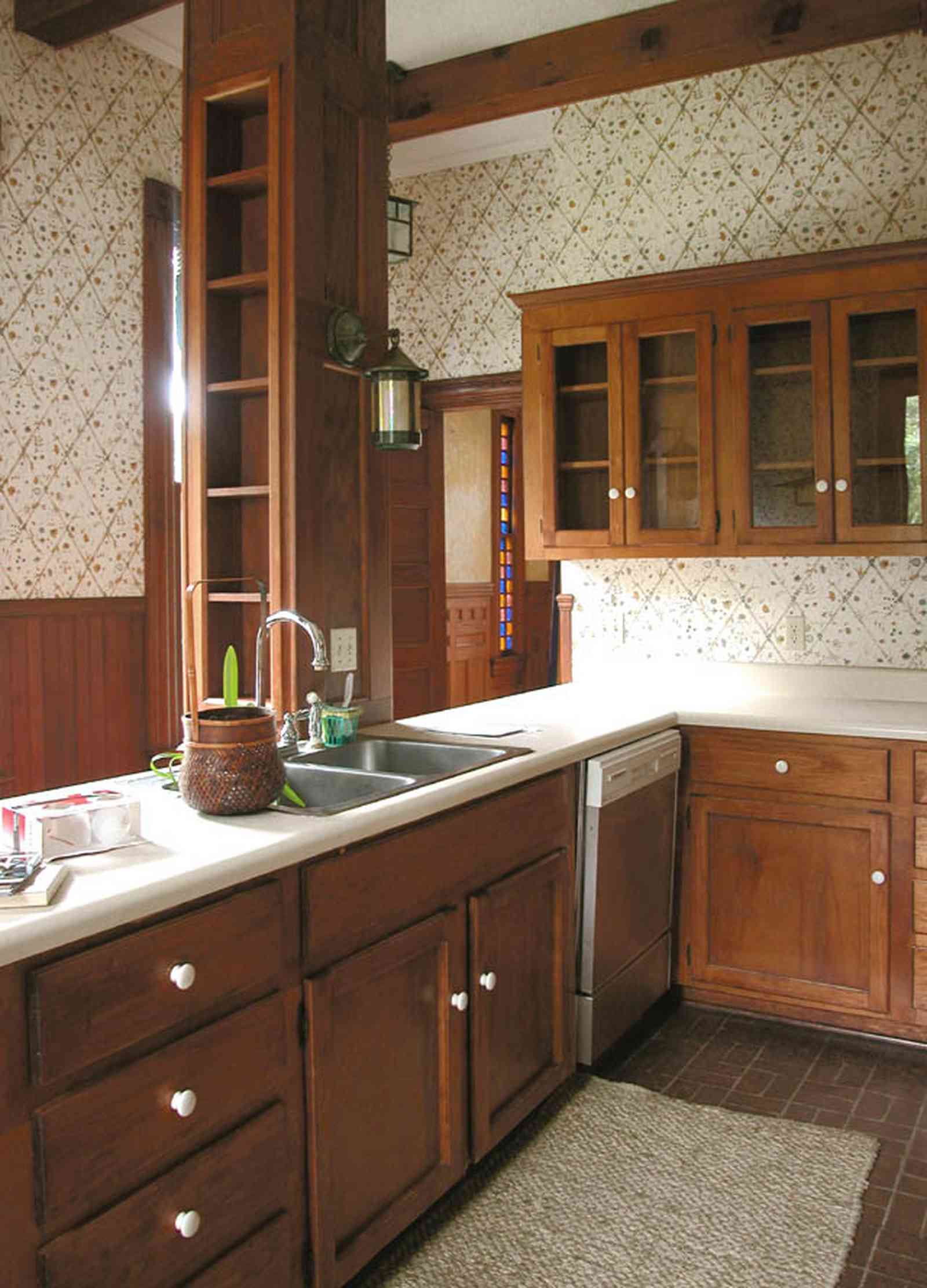 North-Hill:-304-West-Gadsden-Street_09.jpg:  kitchen cabinets, heartpine cabinets, glass doors, dining room, stained glass windows