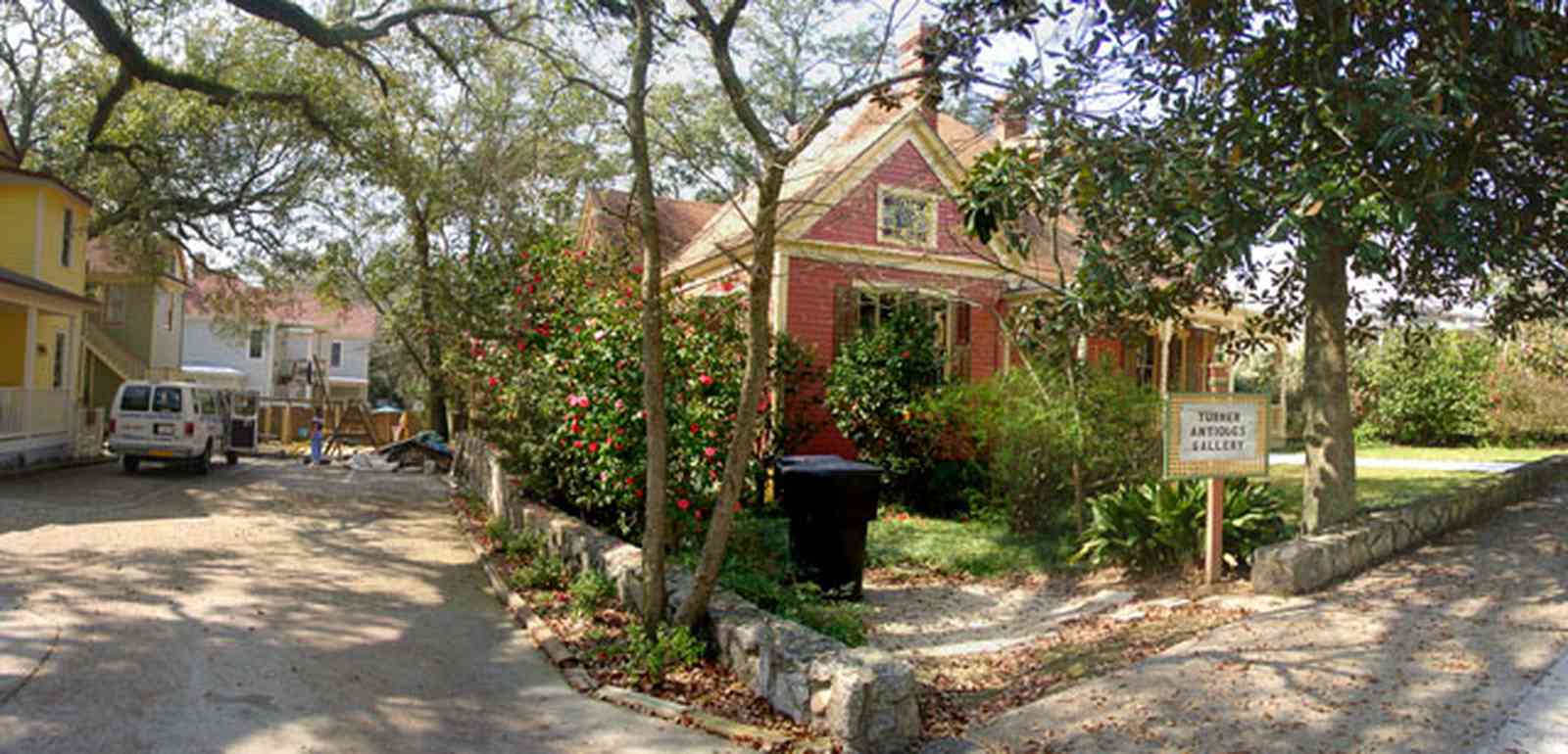 North-Hill:-Turner-Antique-Shop_02.jpg:  victorian house, gingerbread, magnolia tree, camillea bush, oak tree, stained glass window, antique shop, 