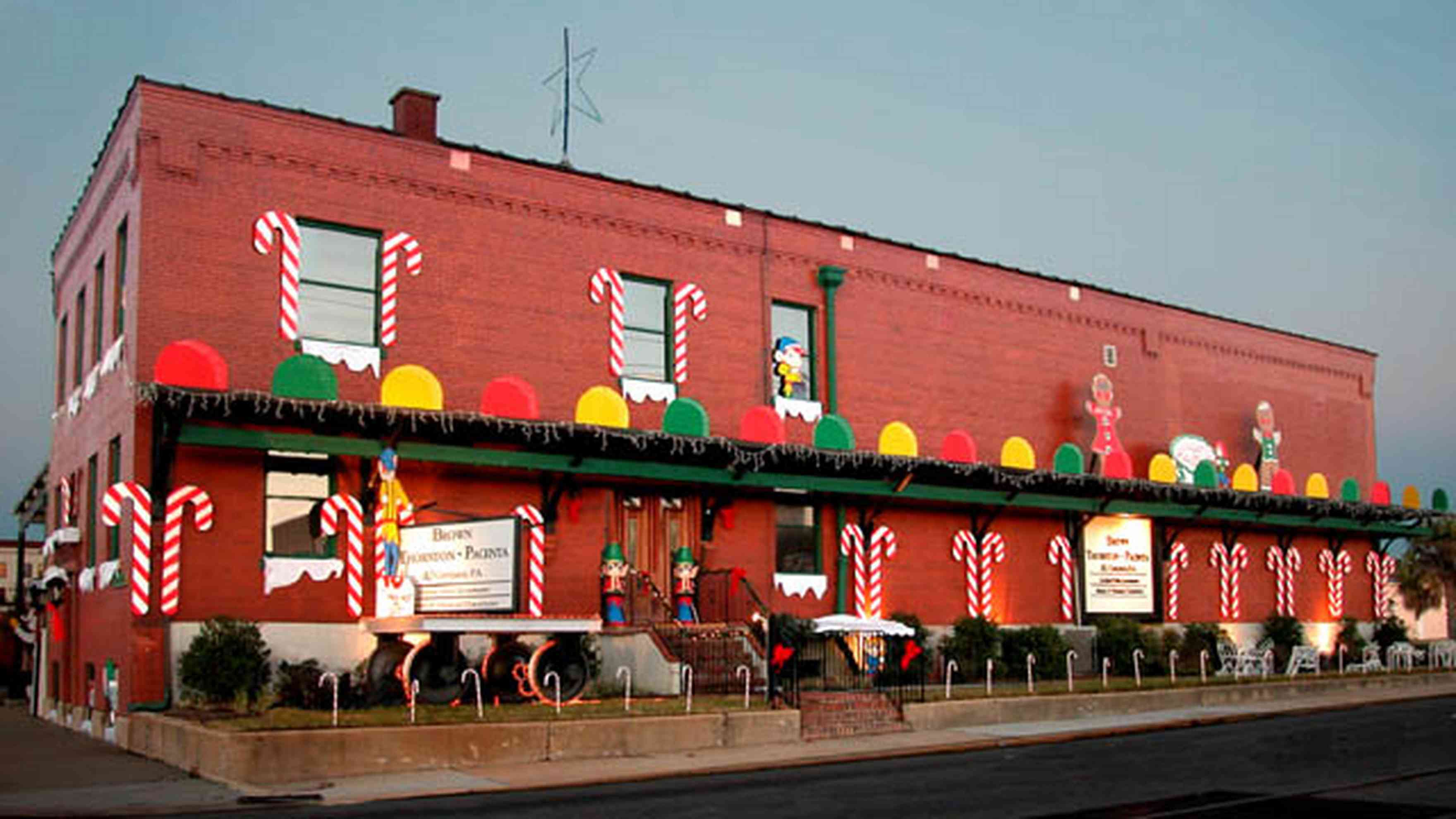 Pensacola:-Downtown:-Brown,-Thornton,-Pacenta-And-Company-P.A._01.jpg Pensacola:-Downtown:-Brown,-Thornton,-Pacenta-And-Company-P.A._01.jpg: candy canes, gum drops, elves, twinkling lights, brick building, amour meat packing plant, downtown, christmas decorations