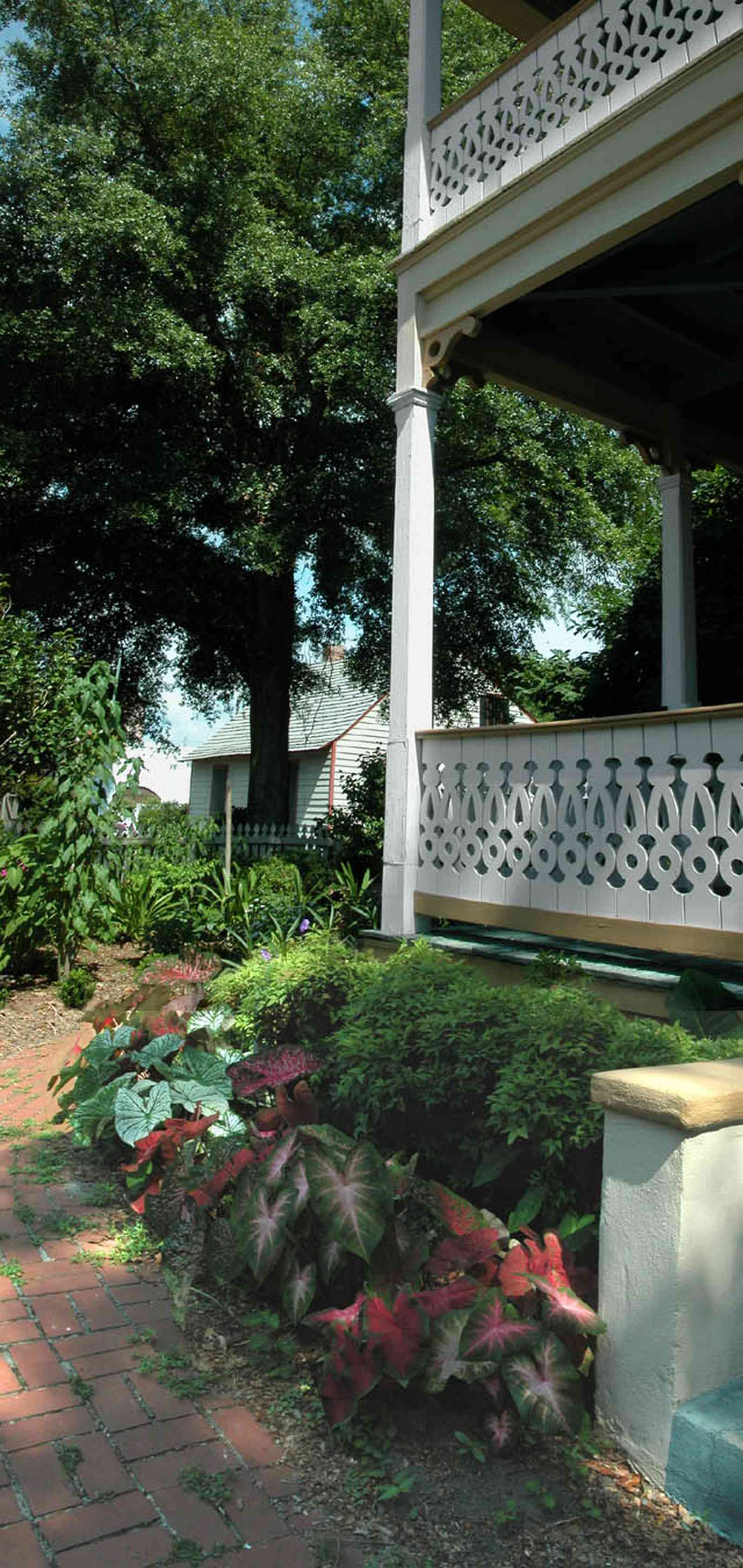 Pensacola:-Historic-Pensacola-Village:-Lear-Rocheblave-House_07a.jpg:  brick sidewalk, front porch, caladiums, lavalle house, museum complex, cottage, victorian house