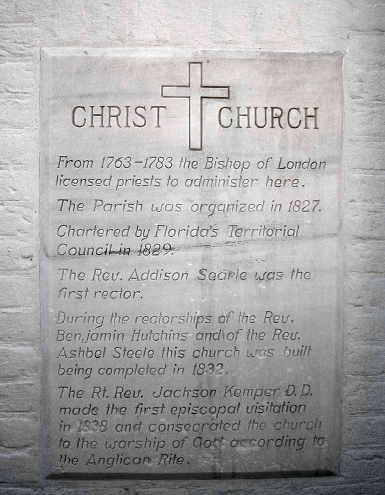 Pensacola:-Historic-Pensacola-Village:-Old-Christ-Church_00.jpg:  plaque, historic marker, brick structure, religious service, church house, victorian village