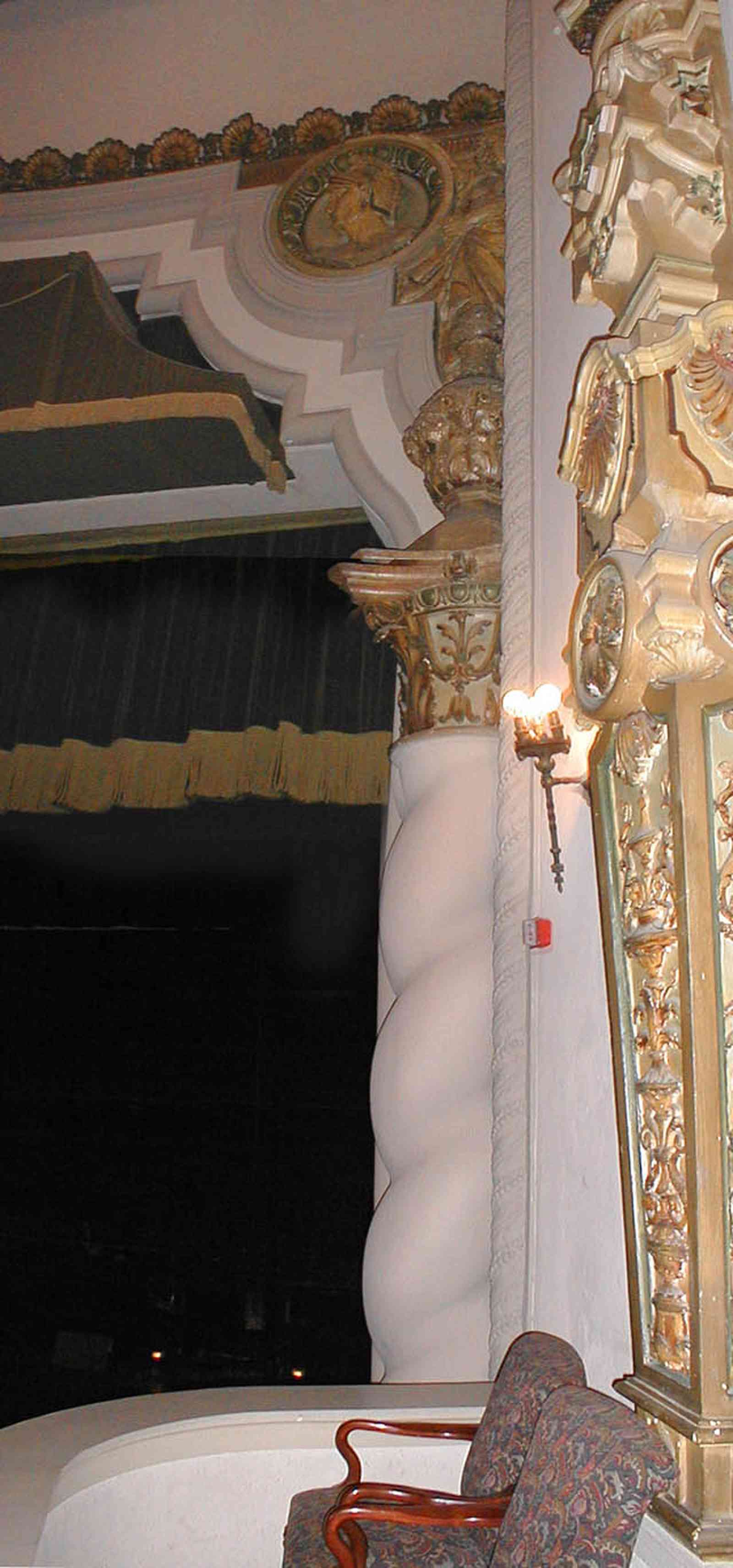 Pensacola:-Palafox-Historic-District:-Saenger-Theatre_10a.jpg:  velvet curtains, rocco details, spanish revival architecture, rosettes, second floor balcony