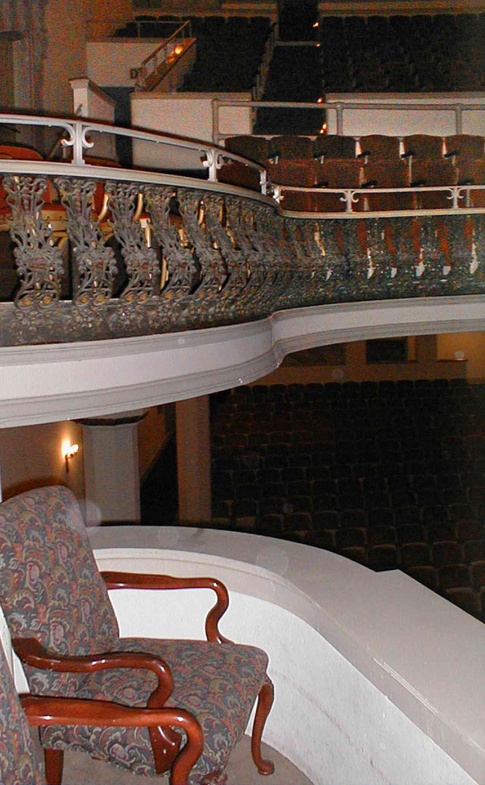 Pensacola:-Palafox-Historic-District:-Saenger-Theatre_10b.jpg:  second floor balcony, spanish revival architecture, wrought-iron fretwork, movie theatre