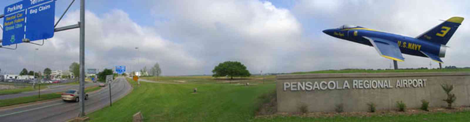 Pensacola:-Regional-Airport_01.jpg:  blue angels jet plane, airport, oak tree, runway