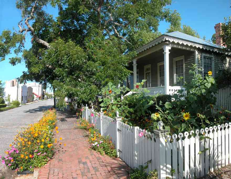 Pensacola:-Seville-Historic-District:-226-East-Intendencia-Street_01.jpg:  picket fence, sunflowers, gingerbread trim, tin roof, galvanized tin roof, pecan tree, brick sidewalk, daisies, front porch, , 