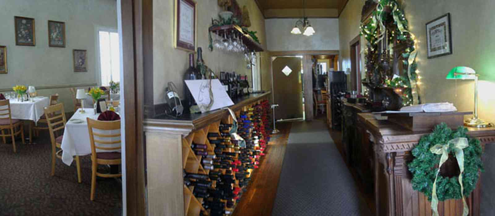Pensacola:-Seville-Historic-District:-Jamies-Restaurant_20.jpg:  french restaurant, wine cellar, christmas decorations