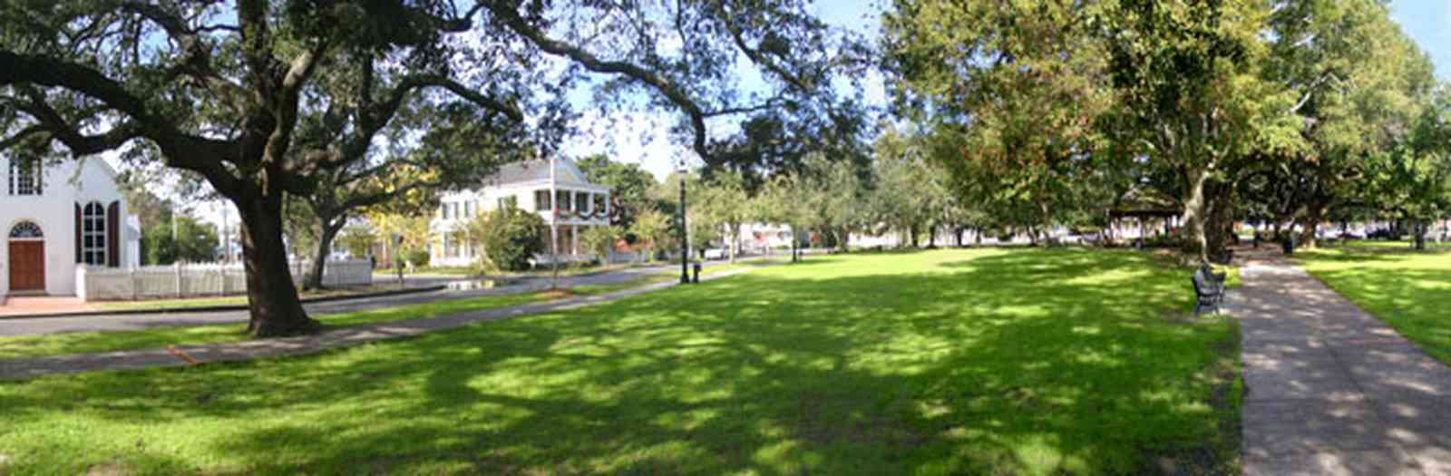 Pensacola:-Seville-Historic-District:-Seville-Square_01.jpg:  oak trees, old christ church, gazebo