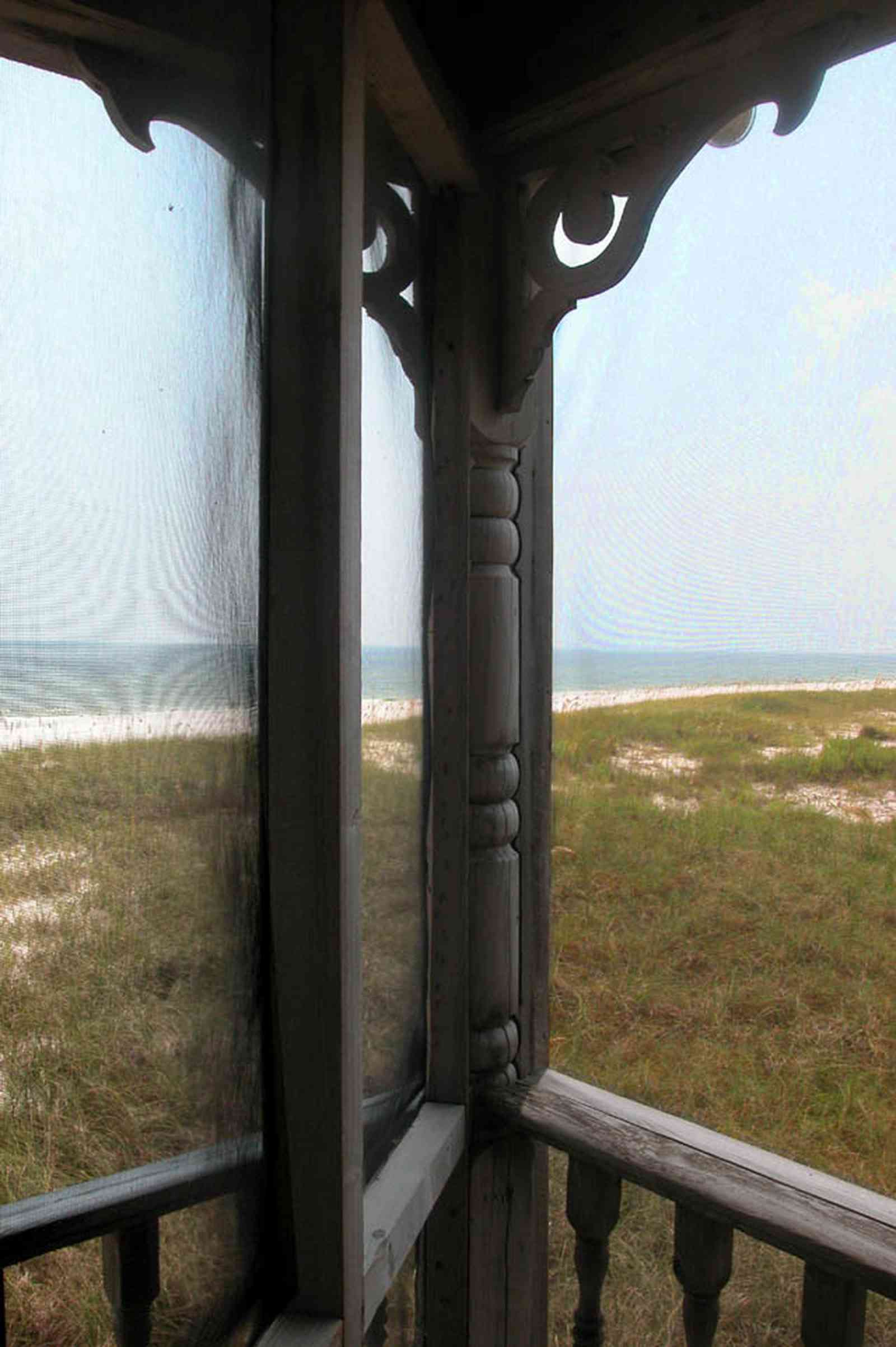 Perdido-Key:-Gothic-House_08e.jpg:  porch, screen porch, summer house, gazebo, cedar shake roof, walkway, pier, deck, gulf of mexico, emerald water, dunes, sea oats, beach